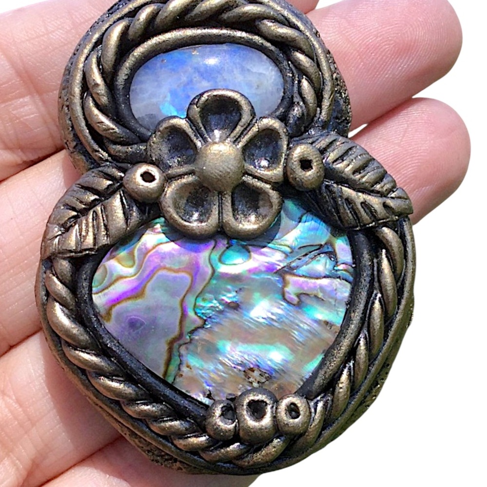 Handcrafted Abalone Shell & Moonstone Polymer Clay Healing Gemstone Boho Pendant